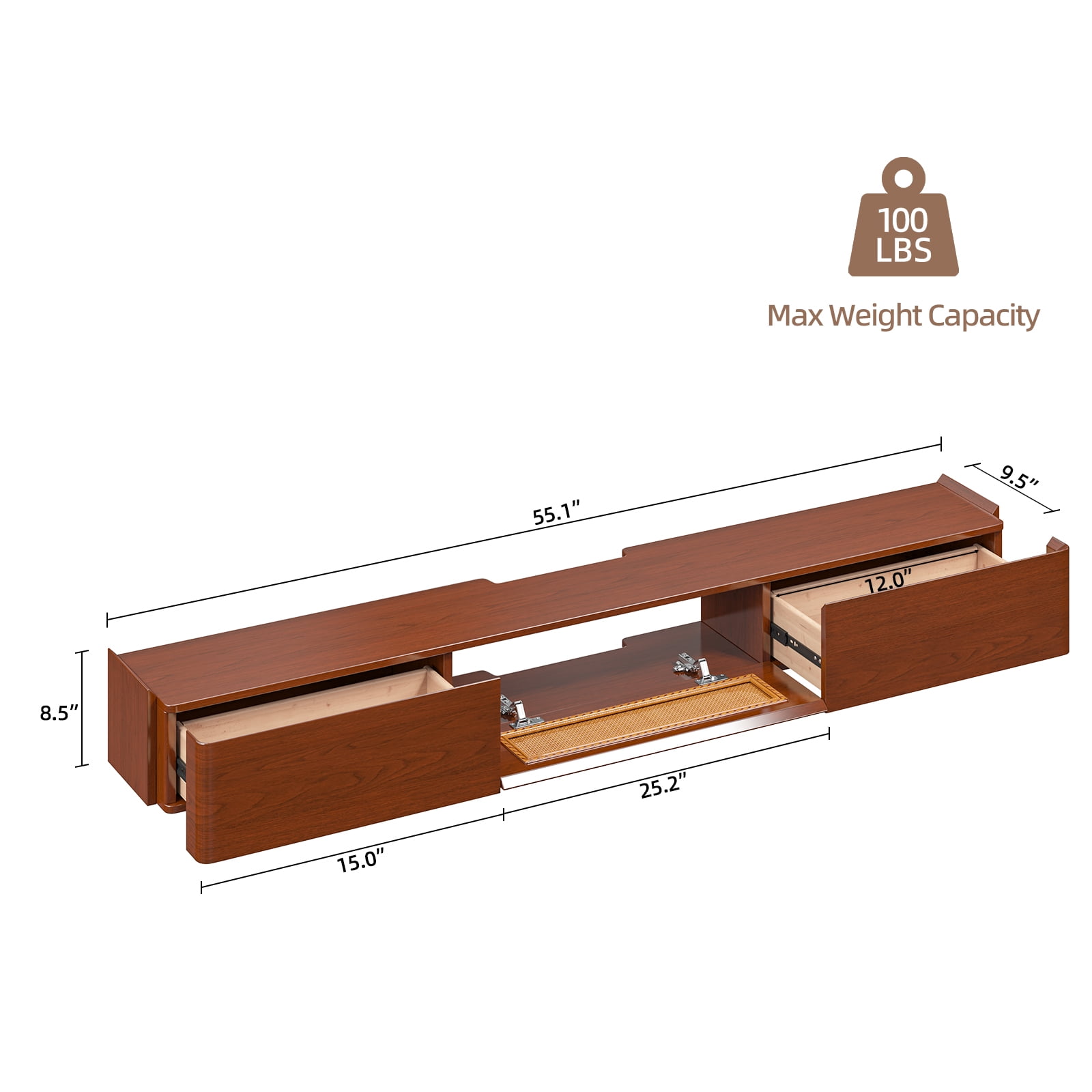 FloatiCasa 55" Fully Assembled Floating TV Stand Wall Mounted Floating Media Console with 2 Drawers and Rattan Door High Gloss Real Wood Veneer Entertainment Center for TVs up to 60"