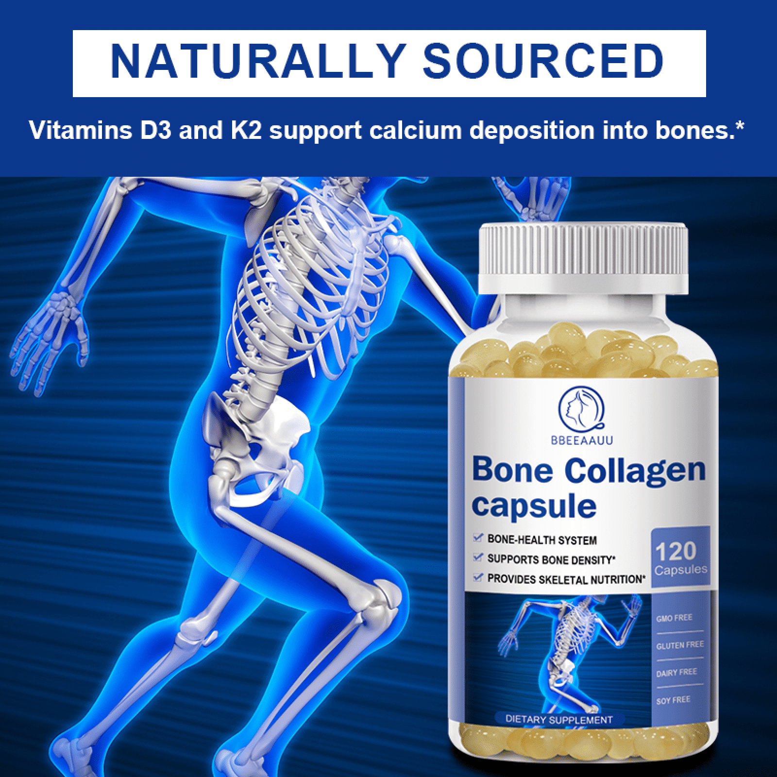 (2 Pack) Bone Collagen Capsules Supplement, for Healthy Skin, Nails, Hair, Joints, Bones, 240 Count
