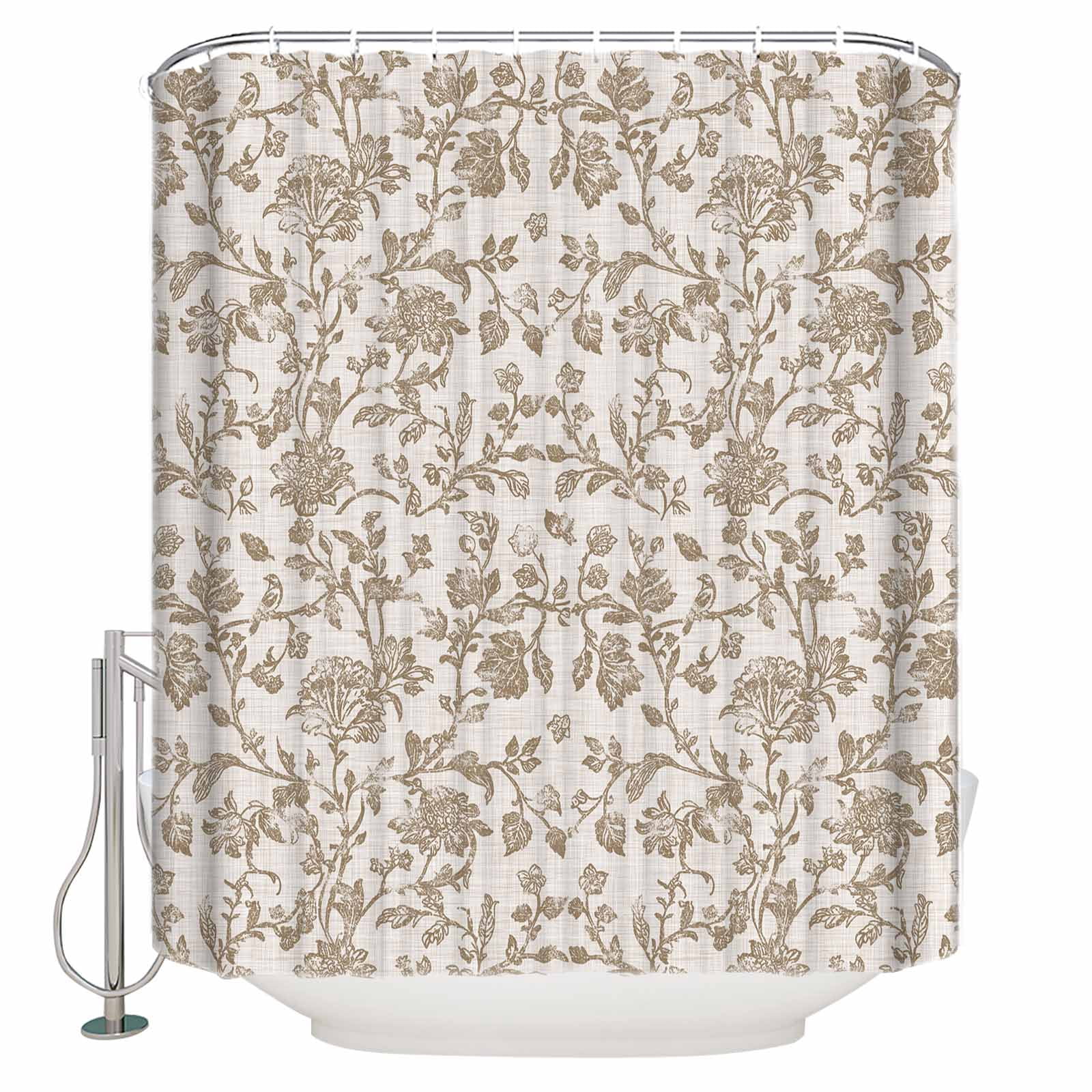Farmhouse Khaki Bathroom Curtain 78 Inch Shower Curtain with Hooks, Vintage Flower Leaf Botanical Plant Waterproof Polyester Bath Curtain Washable Bathtub Curtain 54''x 78''