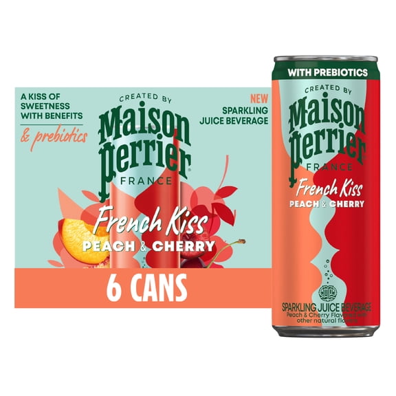 Maison Perrier French Kiss Flavored Sparkling Water with Prebiotics, Peach Cherry, 6 Pack Cans