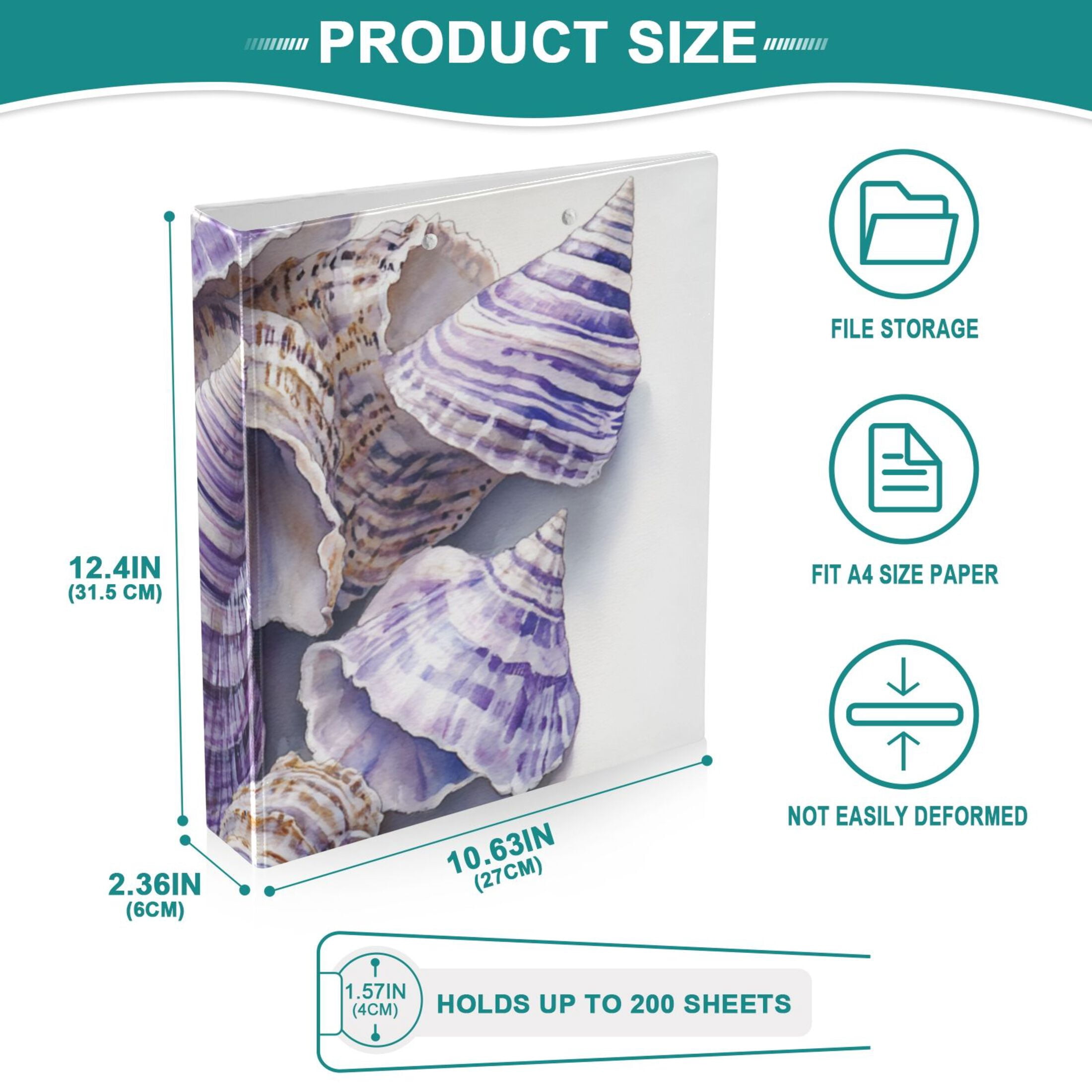 Stripe Shells Purple 3 Ring Binders 1.5 inch Hardcover File Folders with Interior Pockets A4 Size Organizer for School Office Hospital
