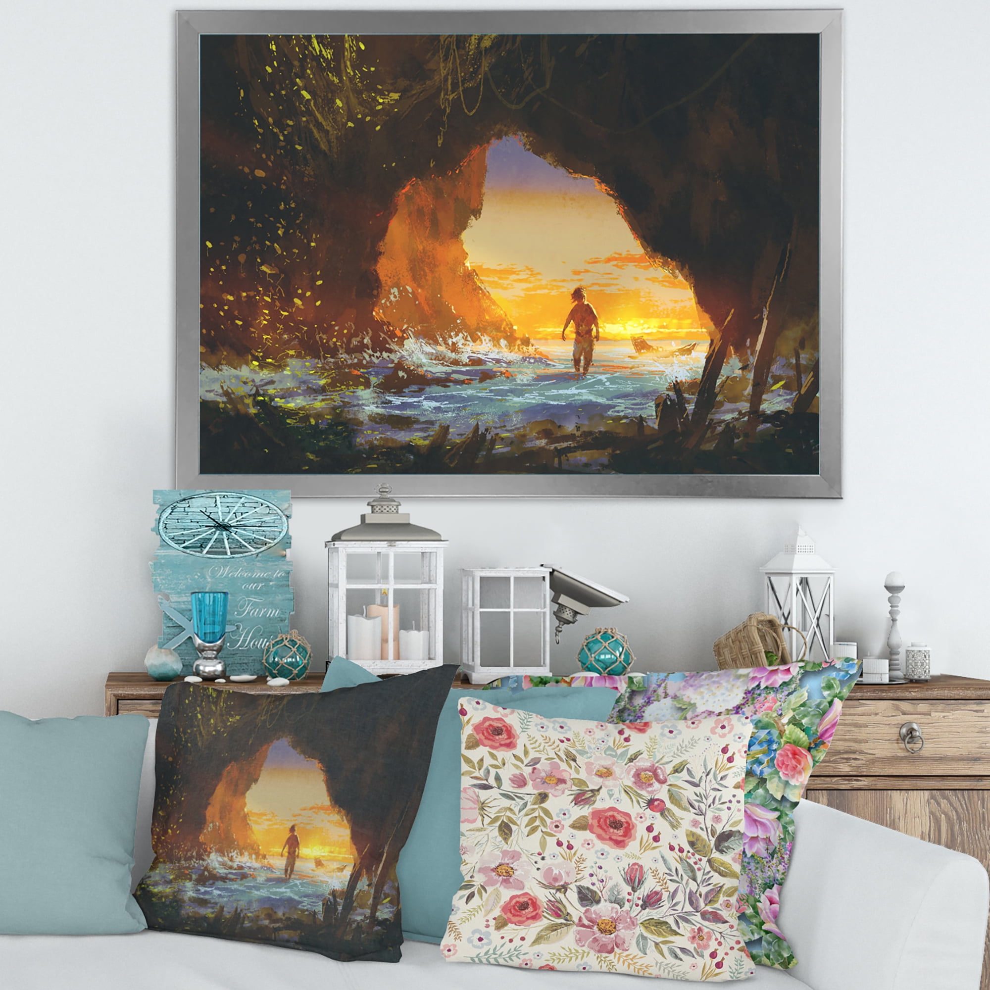 Designart 'The Sea Cave At Sunset With The Man Walking In' Nautical & Coastal Framed Art Print