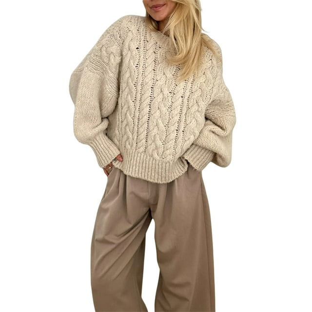 SUNSIOM Women's Cable Knit Sweaters Long Sleeve Round Neck Solid Color Pullovers Knit Tops