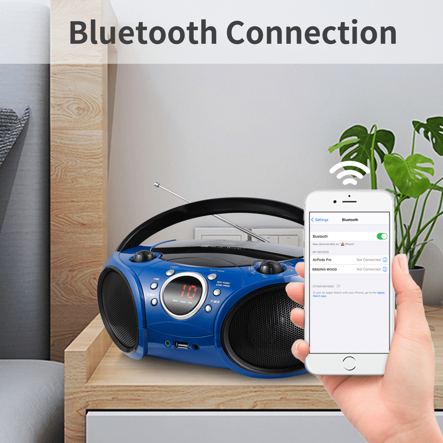 singing wood Portable Bluetooth CD Player Boombox with AM FM Radio, Aux In, Headphone Jack, AC/Battery, Blue