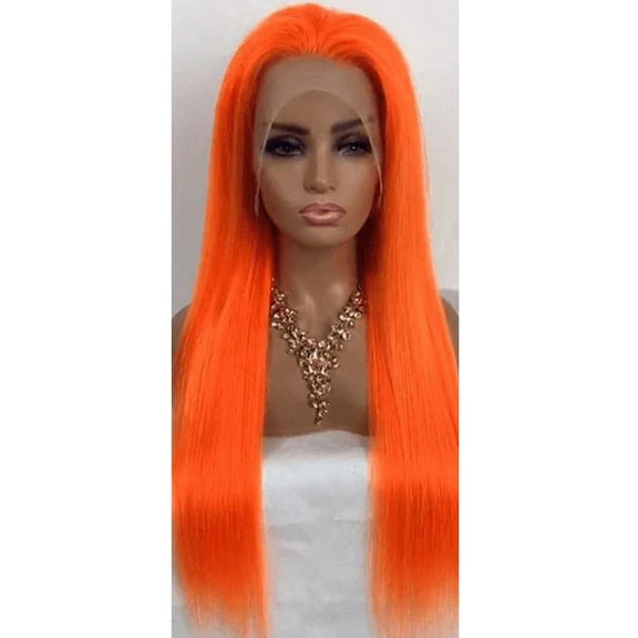 Wig with Bangs, Wigs for Women, Light Orange Color Straight Lace Frontal Wig Orange Long Straight Hair Small Lace Synthetic Fiber Full Head Cover 26in