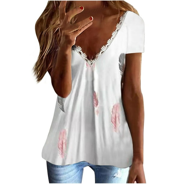 Blusa informal de encaje con cuello en V y mangas cortas con estampado en la espalda para adelgazar para mujer OAVQHLG3B Store lin121212