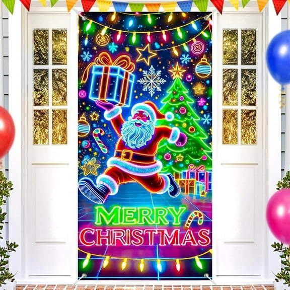 Fluorescent Christmas Door Cover,Fluorescent Door Banner,Uv Activated Glow Fluorescent Cartoon Christmas Door Cover Party Banner For Outdoor Indoor Holiday Decoration(Style A)