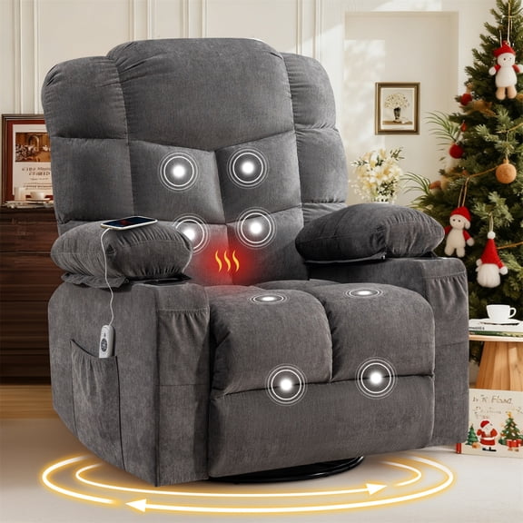 YIORTWO Oversized Massage Recliner Chair with Lumbar Heat, 360° Swivel Rocker Recliner for Living Room, Power Vibration Massage Chair with Cup Holders & USB Port, Grey