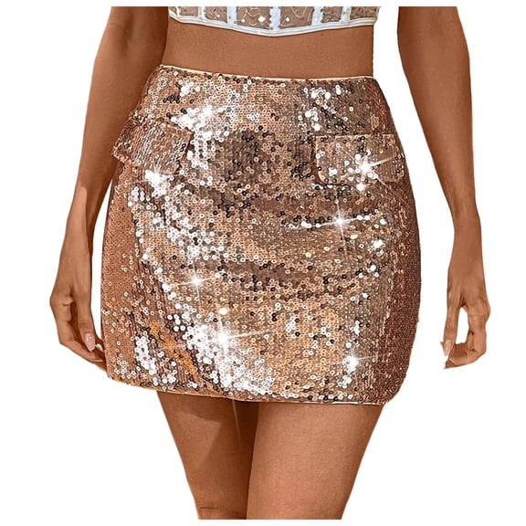 vigerkar Sparkly Sequin Mini Skirt,High Waisted Glitter Holiday Skirts,Disco Concert Outfit for Women (Khaki, M)