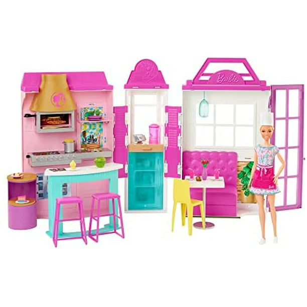 Barbie Cook ?n Grill Restaurant Playset with Barbie Doll, 30+ Pieces & 6  Play Areas Including Kitchen, Pizza Oven, Grill & Dining Booth, Gift for 3  to 7 Year Olds 