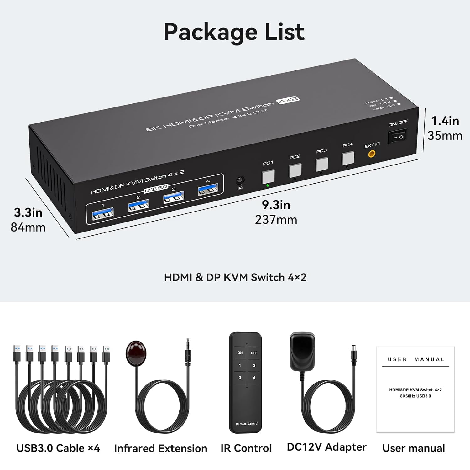 AUBEAMTO Dual Monitor HDMI+DP KVM Switch 4 Computers 2 Monitors 8K@60Hz 4K@120Hz 4 Port KVM Switches for 4 PC Share 4 USB 3.0 Devices Support Copy and Extend Mode, Remote Control and Power Adapter
