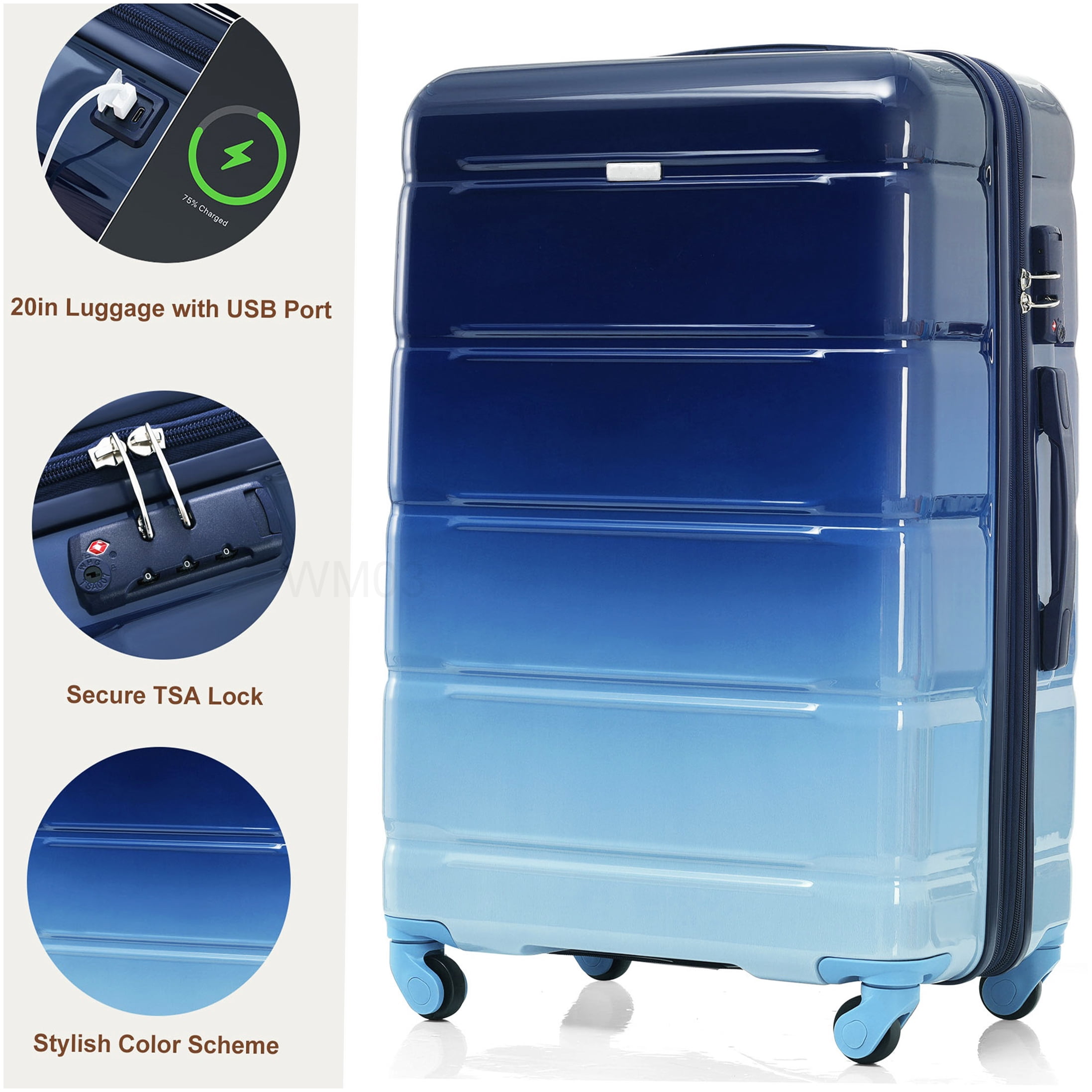 ABS+PC 3-Piece Spinner Luggage Set in Blue, 20" Carry-On with USB Charging Port, 360° Wheels