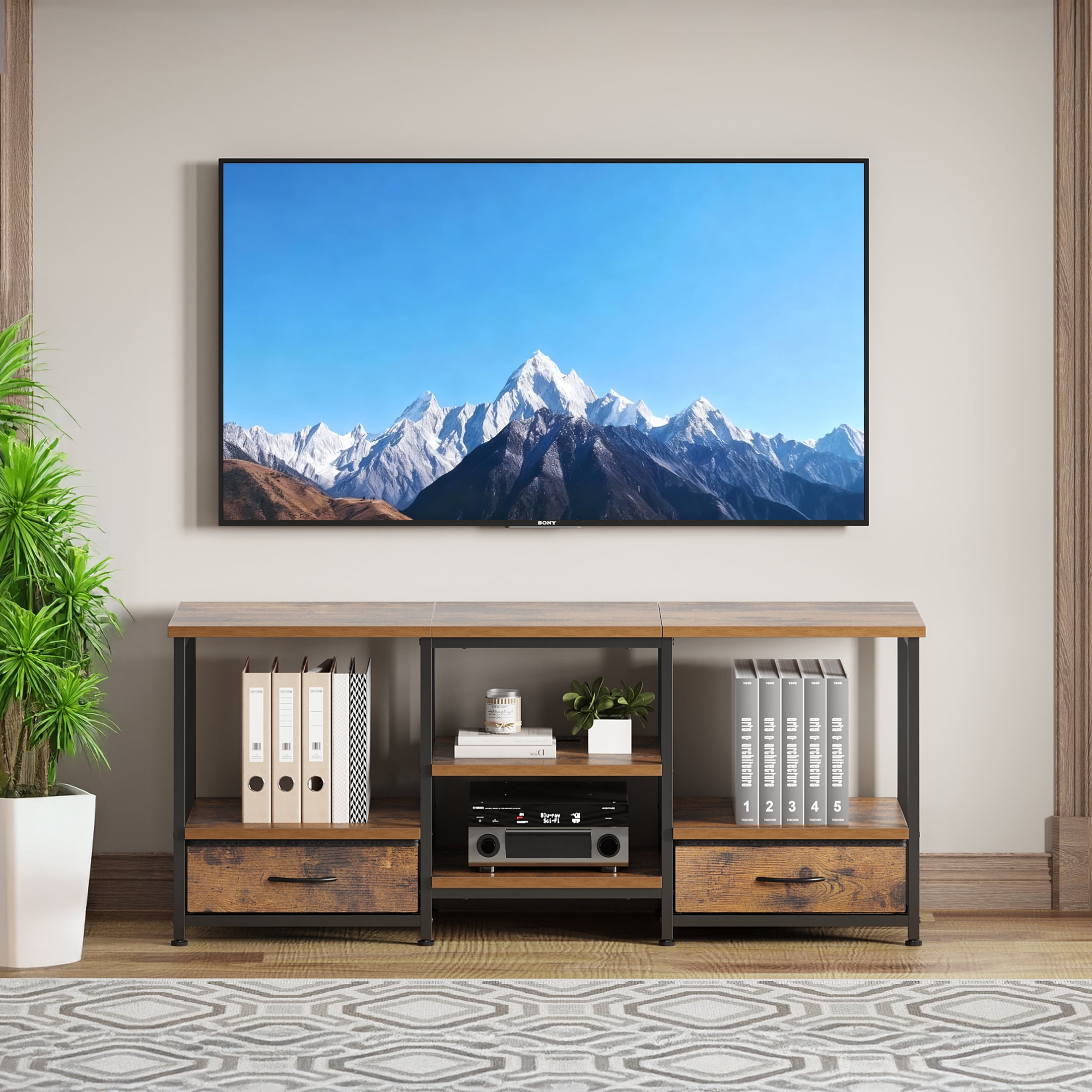 EDX 47-inch TV Stand with Power Outlets,  2 Fabric Drawers,  Entertainment Center Console Table with Adjustable Shevles, for Living Room & Bedroom, Rustic Brown