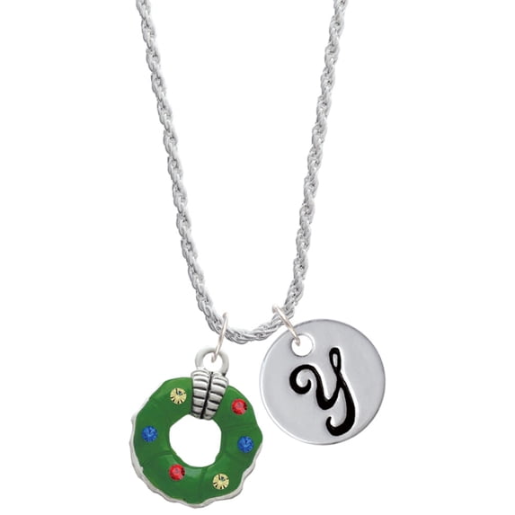 Delight Jewelry Silvertone Green Resin Wreath with Crystals Silvertone Script Initial Disc - Y - Charm Necklace, 20"+3"