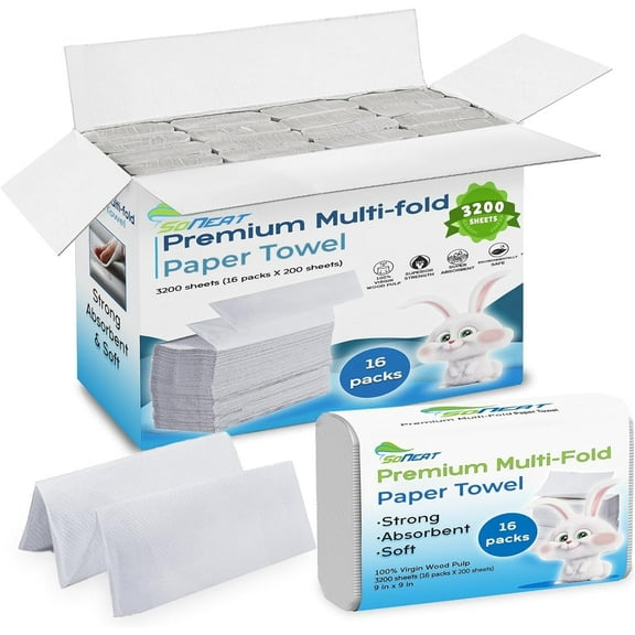 SoNeat Multifold Paper Towels, 3200 Sheets, 200 Count Per Pack Disposable Hand Towels for Bathroom, Commercial, Household, and Public Facilities, 100% Virgin Wood Pulp, 16 Packs