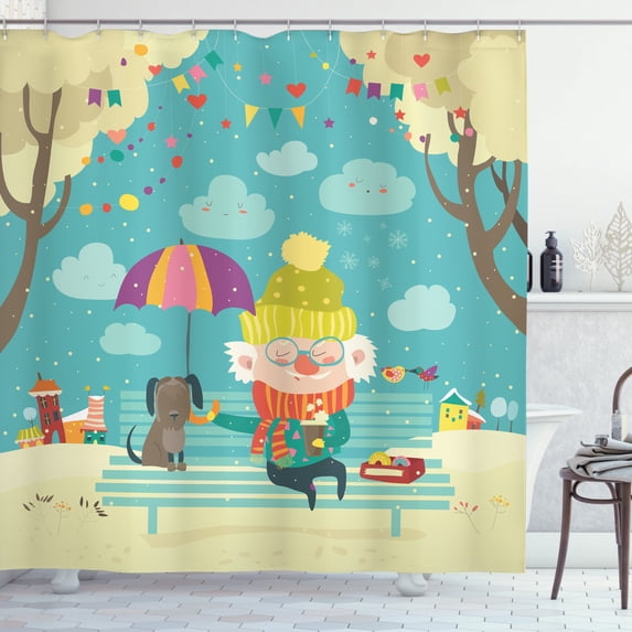 Colorful Shower Curtain, Old Man and His Dog Sitting on a Park Bench Eating Doughnuts in the Spring Forest, Fabric Bathroom Set with Hooks, 69W X 84L Inches Extra Long, Multicolor, by Ambesonne