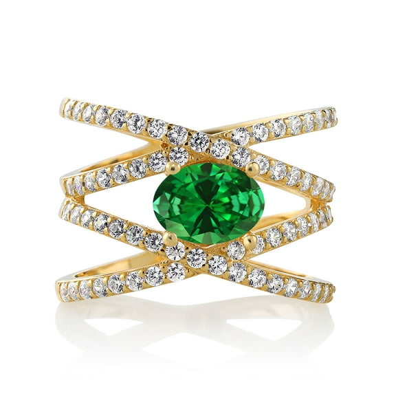 Gem Stone King 3.03 Ct Oval Green Simulated Emerald 18K Yellow Gold Plated Silver Ring (Size 6)