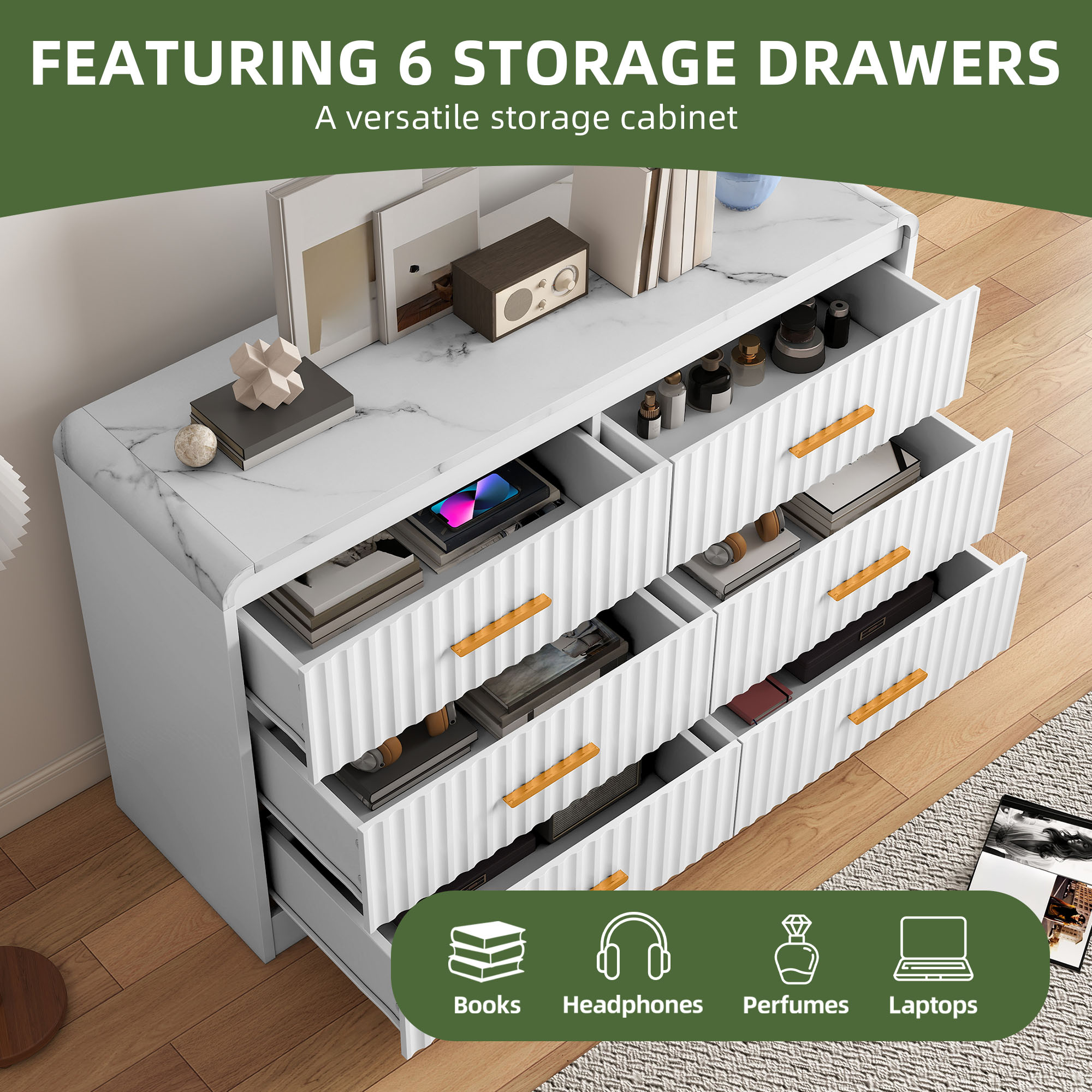 Uforic Chest of Drawers for Living Room, , or Entryway, Sturdy Fluted Dresser with 6 Drawers, White