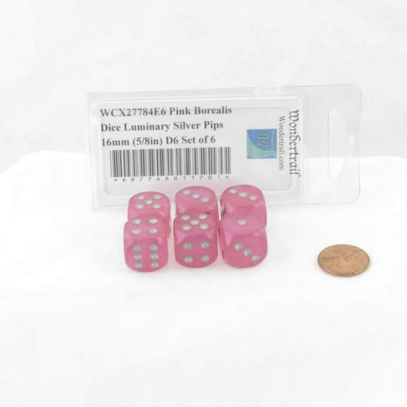 Pink Borealis Dice Luminary with Silver Pips 16mm (5/8in) D6 Set of 6 Wondertrail
