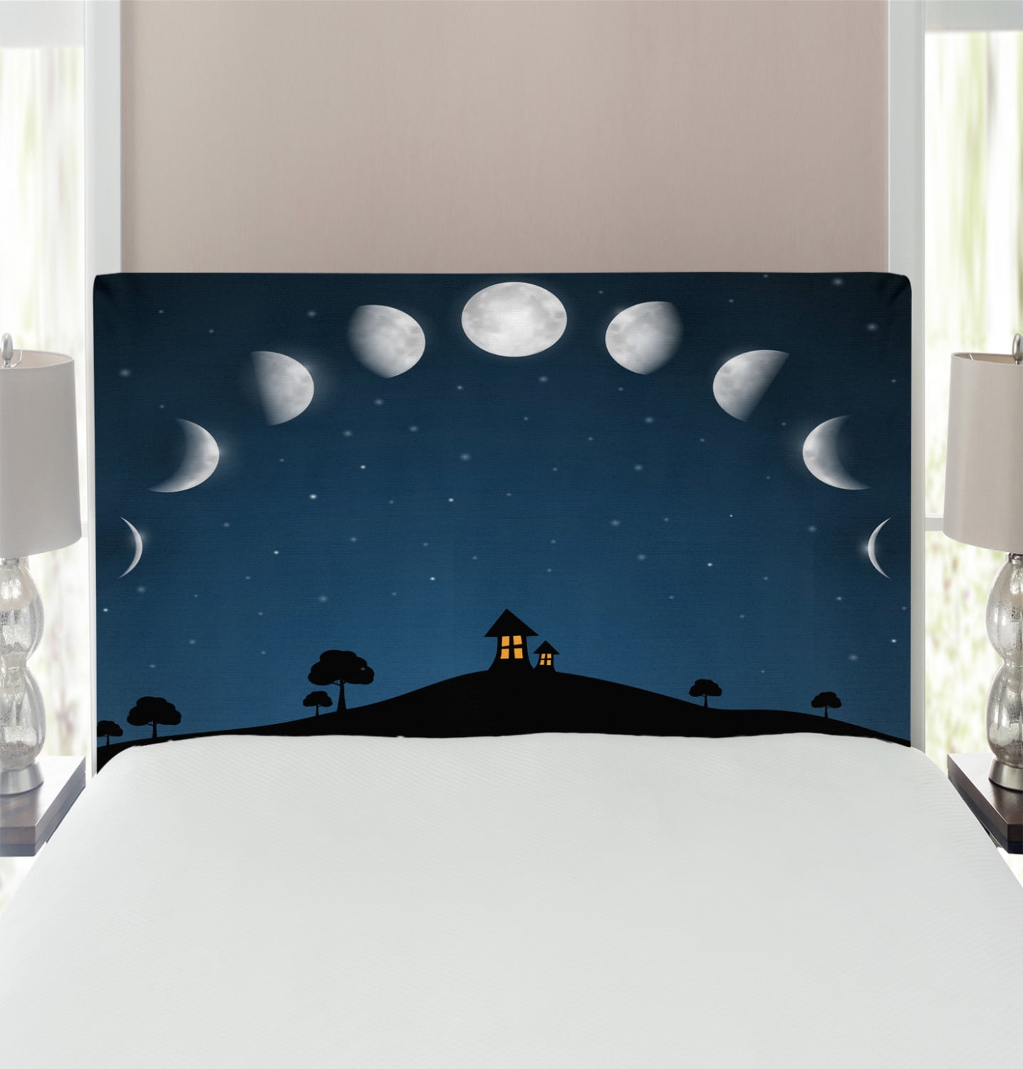 Moon Headboard, Lunar Phases and Stars Little Houses Hills Silhouette Night Sky Illustration