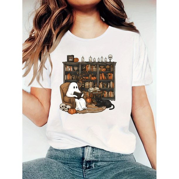 Halloween Series Reading on armchair with Black Cat & Bookshelf Design - Casual Loose Fit Summer T-Shirt for adults, 100% Cotton, Machine Washable, adult Clothing, Nontransparent Material