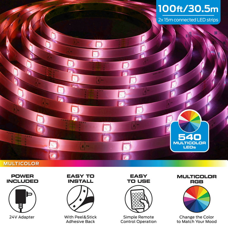Monster LED 100ft Multicolor Light Strip, Indoor Locations, Bedrooms,  Remote Control 