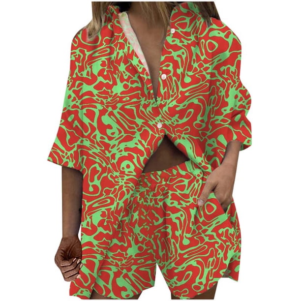Conjunto de Camisas Para Mujer, Conjunto de Dos Piezas de Manga Corta de Gran Tamaño, Camisa de Solapa de Un Solo Pecho, Pantalones de Pierna Ancha, Traje Informal Odeerbi ODB136202