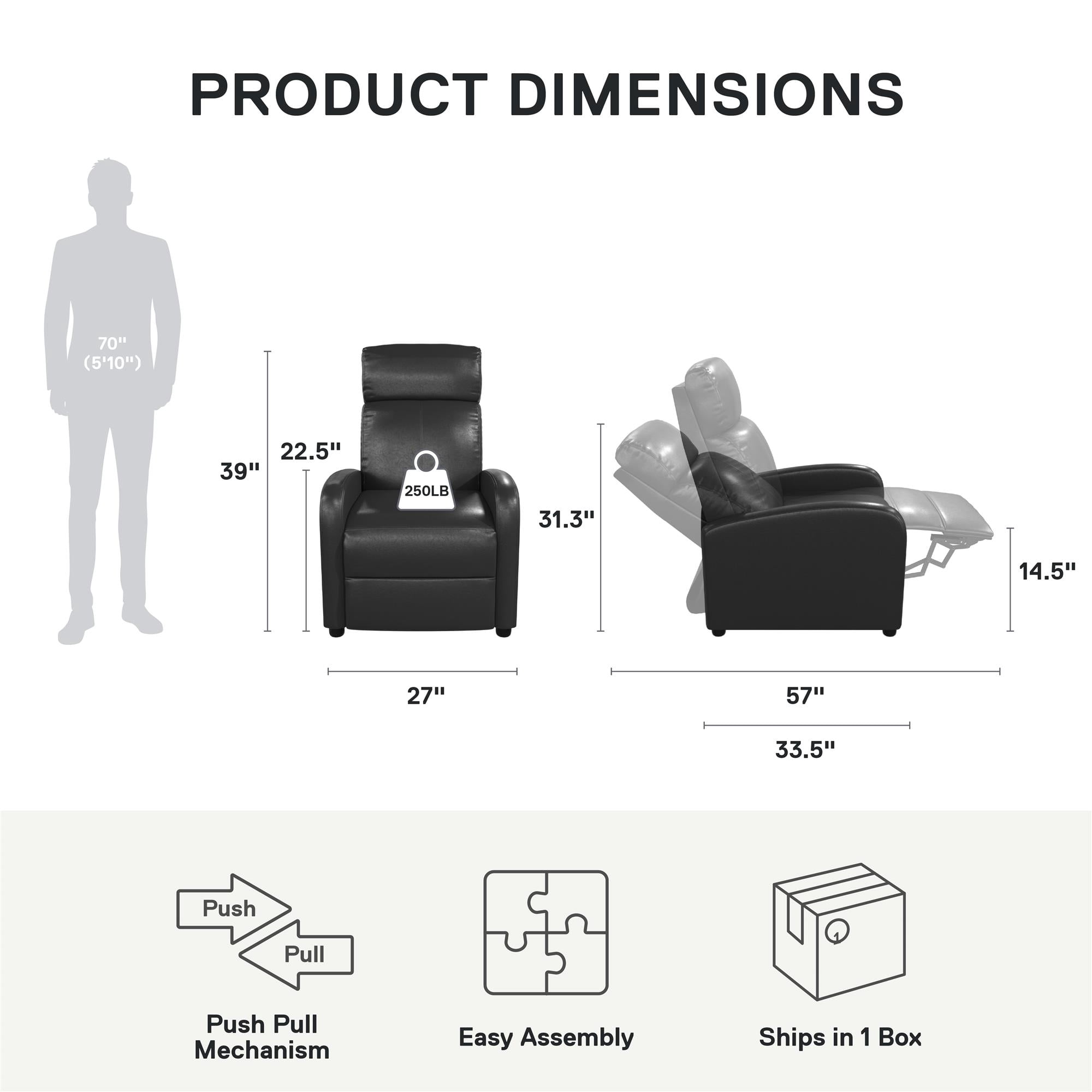 DHP Bobby Pushback Recliner Chair, Black Faux Leather