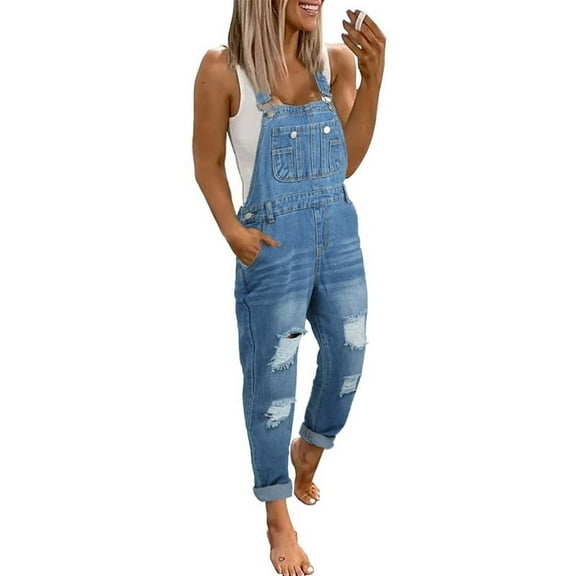 chouyatou Women's Fashion Jean Bib Overalls Adjustable Straps Ripped Distressed Denim Denim Pants
