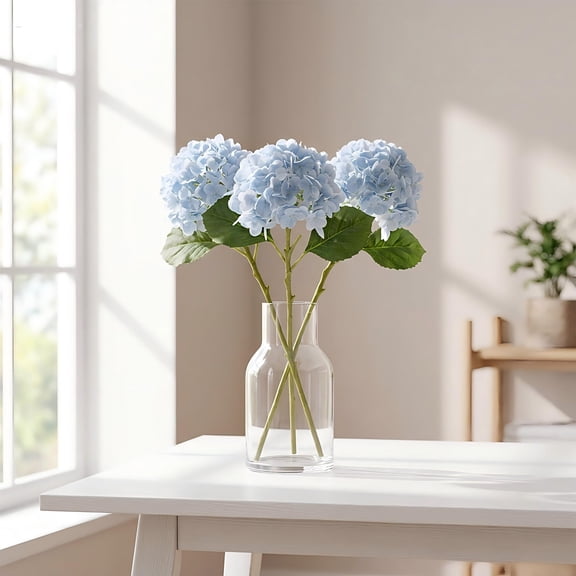 3 Pcs Artificial Blue Hydrangea Silk Flowers, 19" Fake Embroidered Ball Bouquet, Faux Floral Arrangement for Vases, Summer Home and Table Decor