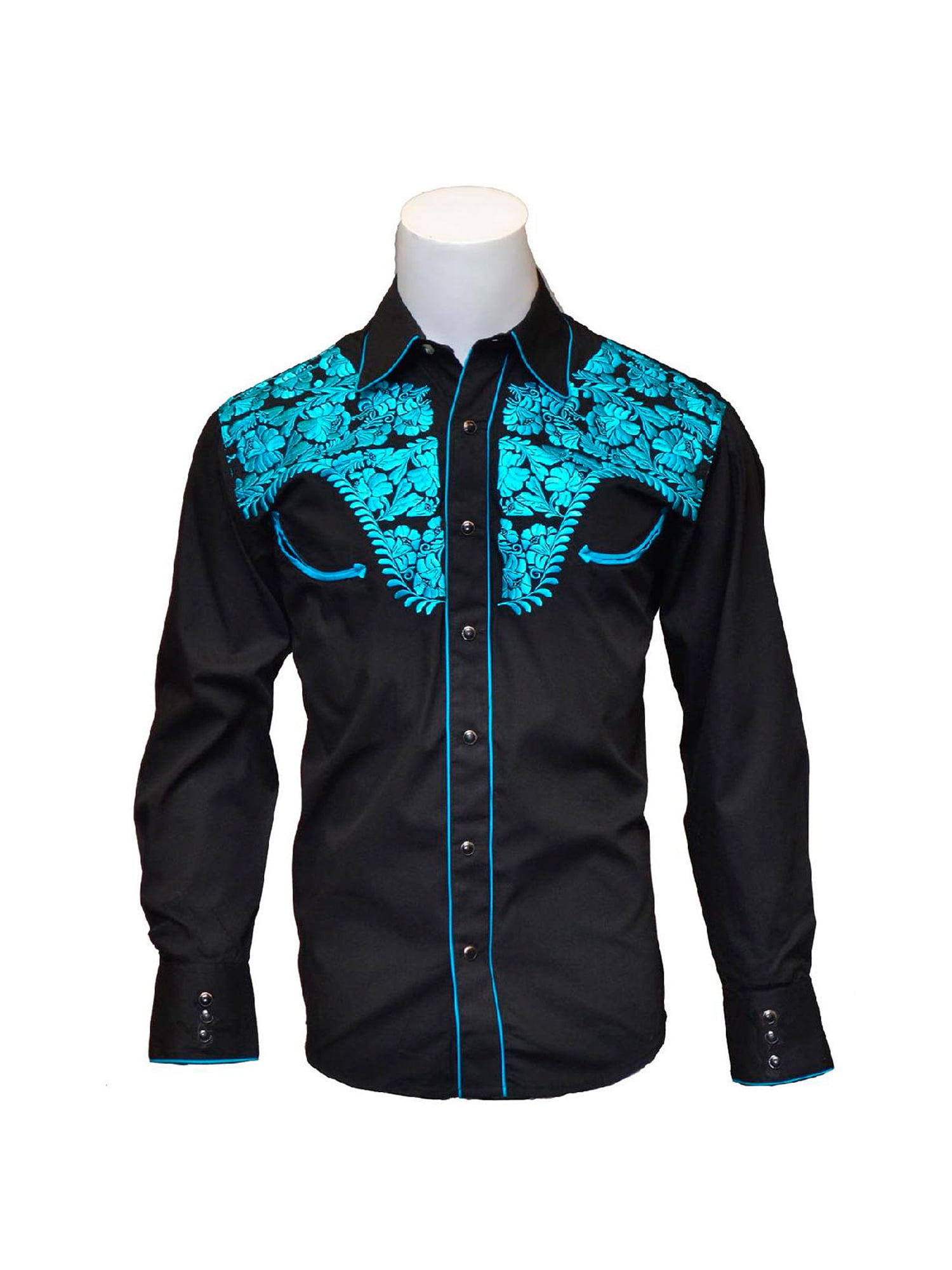 WESTERN COWBOY Women Black Tooled Long Sleeve Blue Embroidery DRESS CASUAL SHIRT