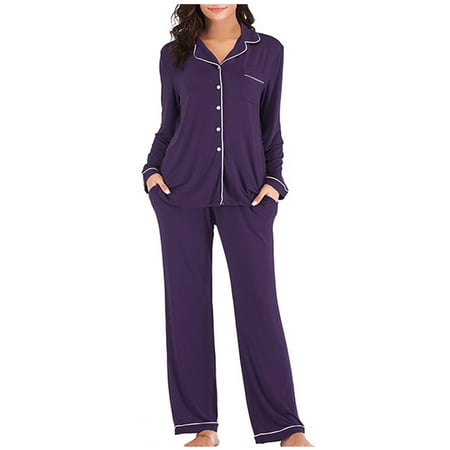 

YFPWM Womens Pajamas Set Long Sleeve Sleepwear Nightwear Soft Pj Lounge Sets Single Breasted Pajamas Autumn Winter Long Sleeve Pajama Pants Homewear Set Purple S