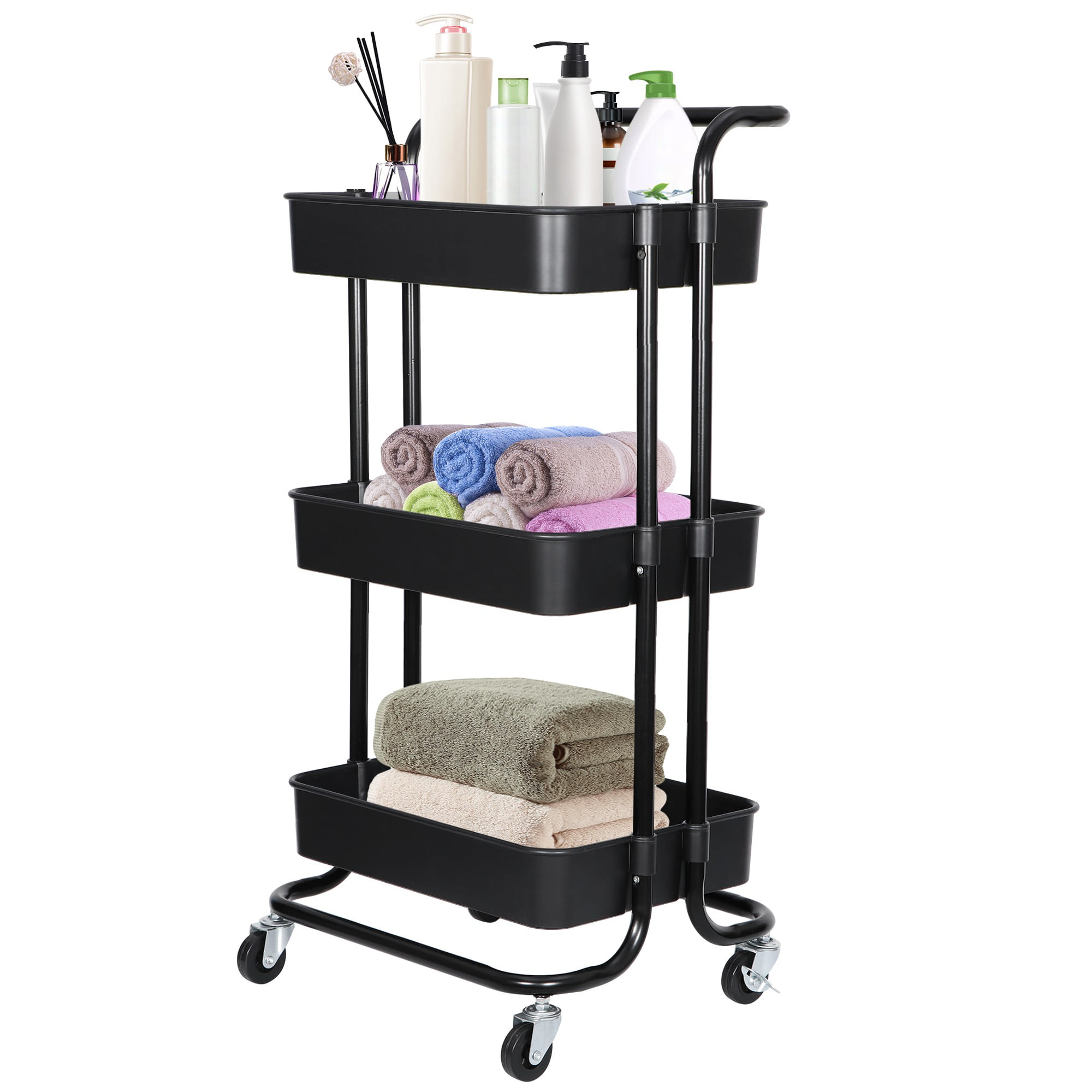 Meet Perfect Storage PUNP Heavy Duty Metal 2 Tier Rolling Cart Storage Shelves with Cover Board & Casters Utility Storage Shelves Rolling Cart