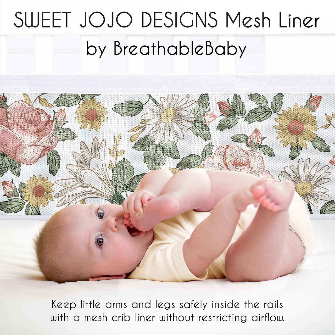 Sweet Jojo Designs + BreathableBaby Vintage Floral Pink Green and Yellow Breathable Mesh Crib Liner Pad