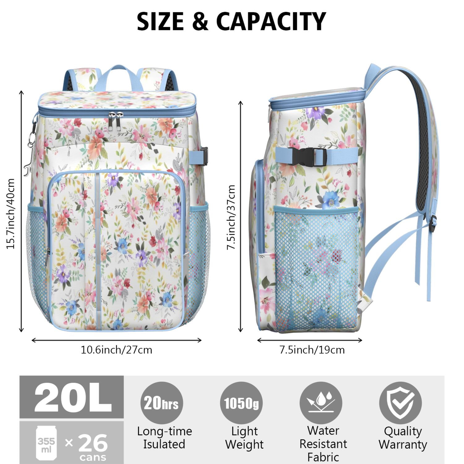 Travel Cooler Bag - Pioneer Flower Floral Print Pattern Camping Beer Cooler Backpack with Bottle Opener- Waterproof Insulated Picnic Backpacks - Cooler Bag for Beach