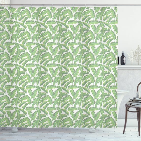 Banana Leaf Shower Curtain, Banana Leaf Tips and Edges Turned Brown and High Exposure Effect, Fabric Bathroom Set with Hooks, 69W X 84L Inches Extra Long, Pale Green Yellow White, by Ambesonne