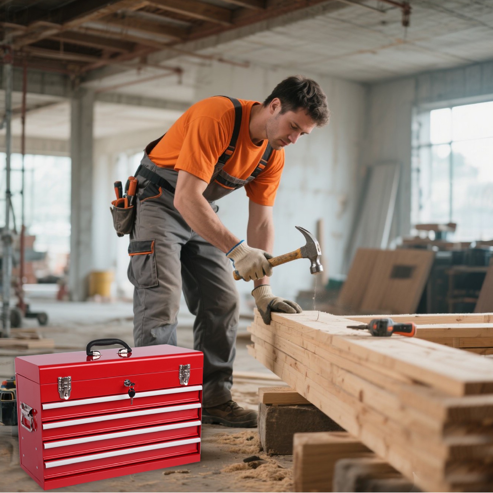 Deiokin 21" Heavy Duty Metal Tool Box, 4-Drawer Portable Tool Chest with Ball Bearing Slides & Auto-Locking System