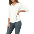 thumbnail image 5 of INSPIRE CHIC Women's Ruched Blouse Button Decor V Neck 3/4 Sleeve Solid Knit Top 3XL White, 5 of 7