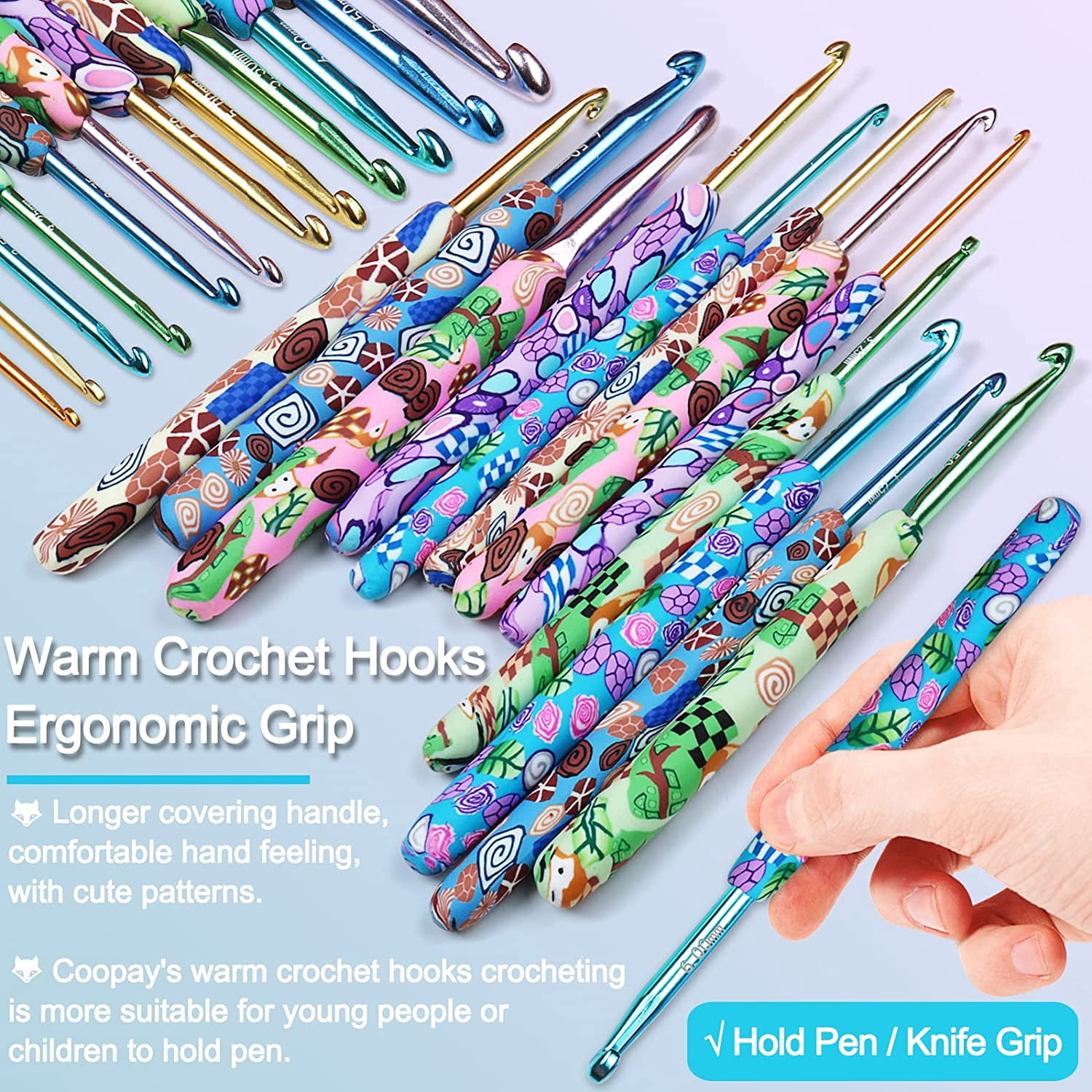 SONGAUN Coopay Complete Crochet Hooks Set for Beginners, 2.25mm-8mm Crochet Hook, Ergonomic Crochet Hooks for Arthritic Hands, Cute Animal Print Comfort Grip, Crochet Needles