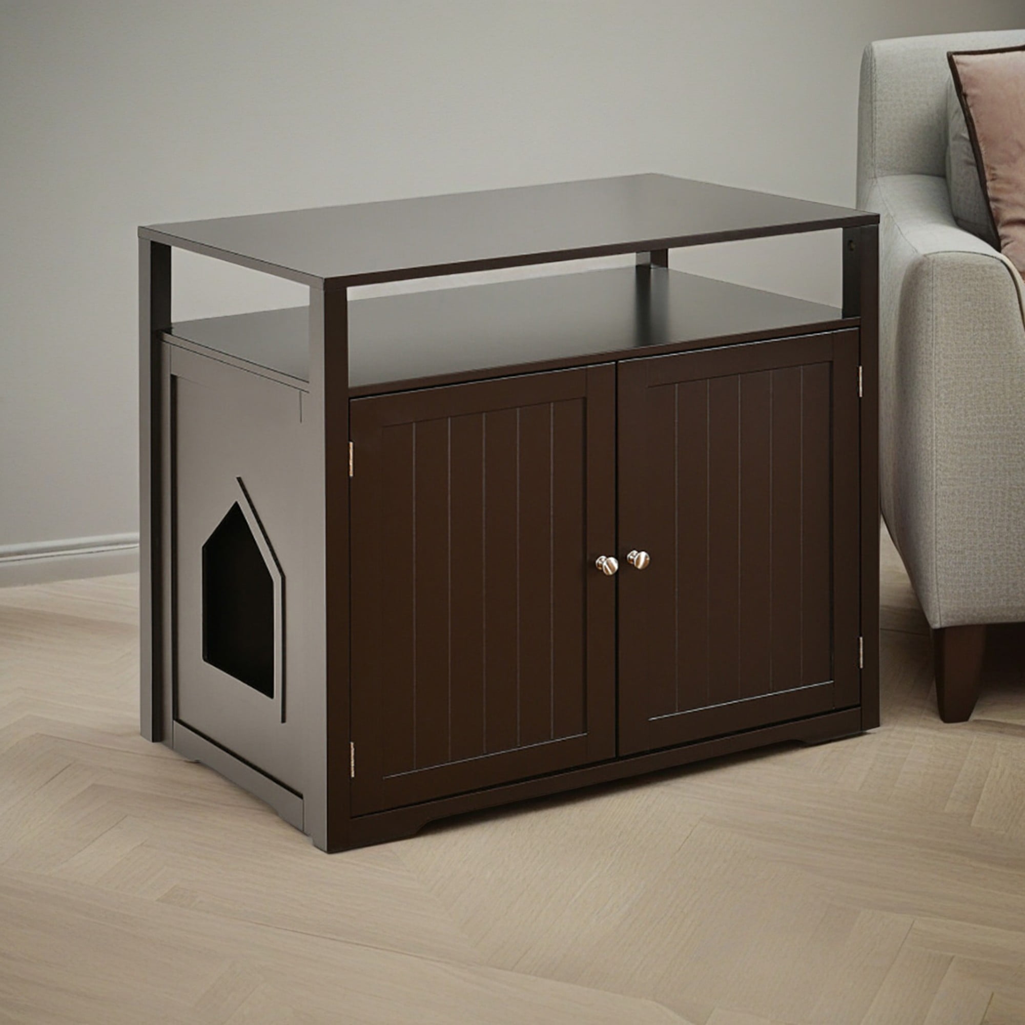 Kadyn 31" Cat Litter Box Enclosure Furniture, Cat Litter Box Cabinet Hidden with Storage Shelf, Cat House with Doors and Divider, Brown