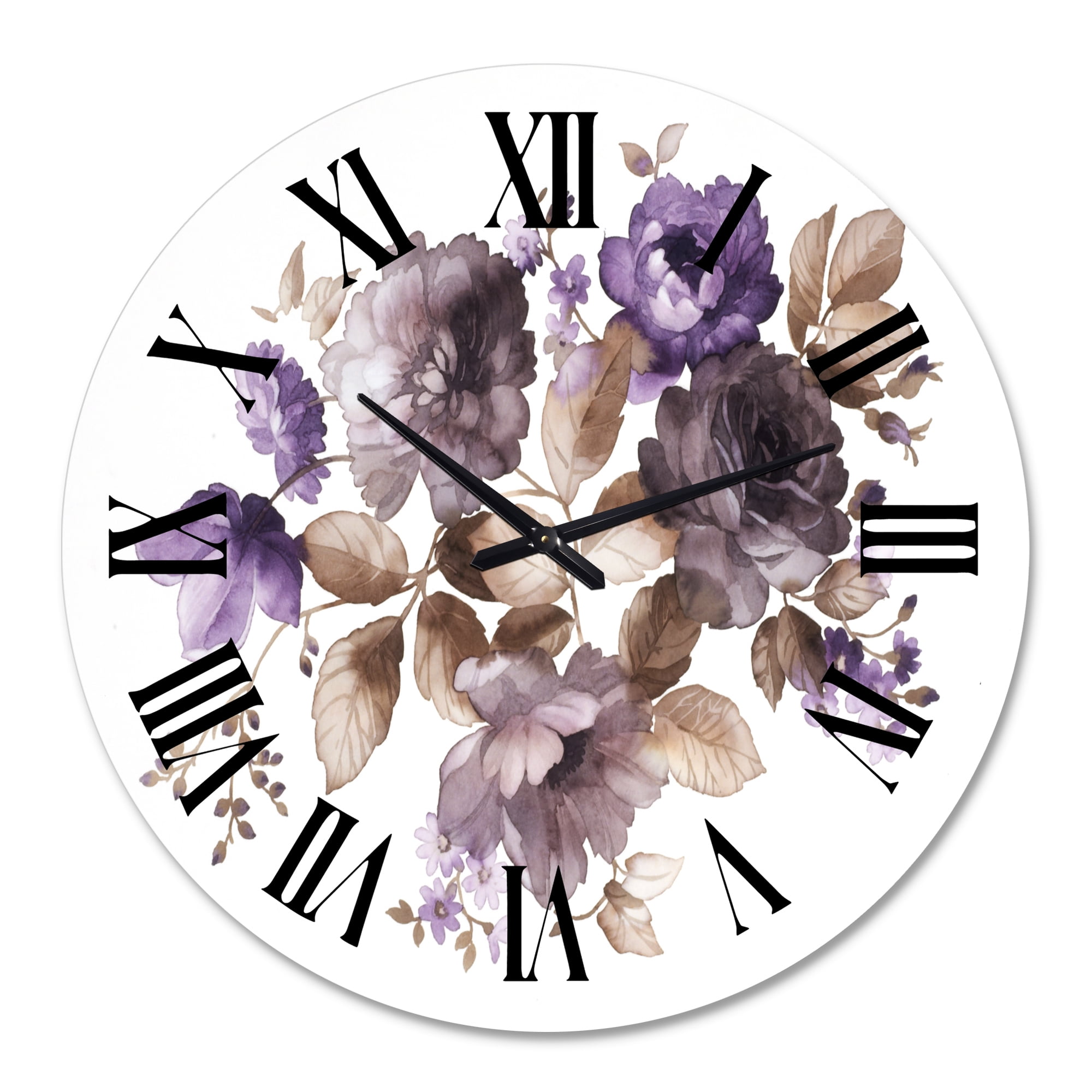 Designart 'Purple Retro Flowers With Brown Leaves' Traditional Wall Clock