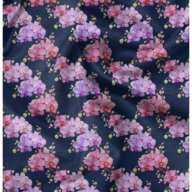 Soimoi Blue Georgette Viscose Fabric Leaf Floral Printed Fabric 1 Yard 42 Inch Wide