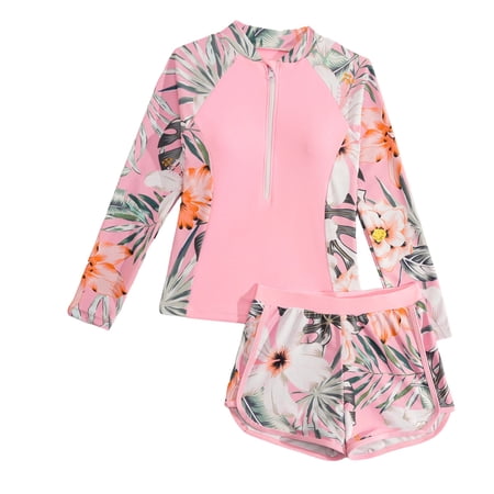 XINXIAOO Girls Rash Guard Swimsuits Two Piece Swimsuit Zipper Long Sleeve Bathing Suit for 7-14 Years