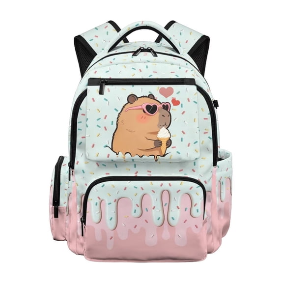 KUIFORTI Ice Cream Capybara Kids School Backpack Bookbag for Teens Elementary Middle School Polyester Water Resistant Student Casual Backpack 17 Inch
