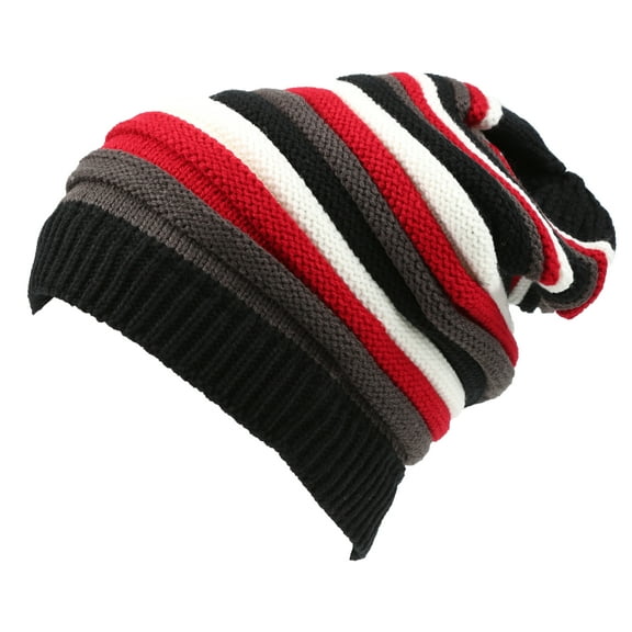 Sakkas Ceelo Long Tall Slouchy Unisex Striped Ribbed Kint Adjustable Beanie Hat - Black / Red - OS