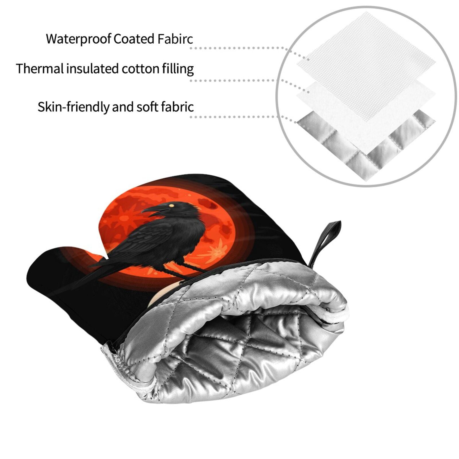 Raven Skull Red Moon 4Pcs Oven Mitts and Pot Holders Sets Oven Kitchen Gloves Hot Pads for Cooking BBQ Baking Grilling