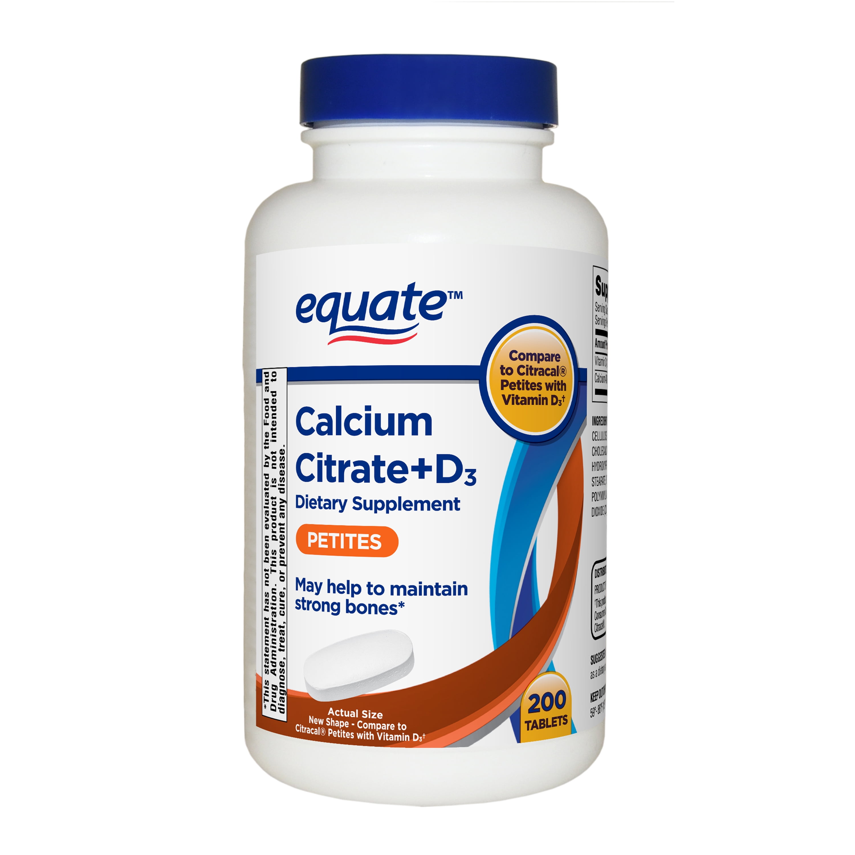 Equate Calcium Citrate + D3 Petites Tablets Dietary Supplement, 200 Count -  Walmart.com