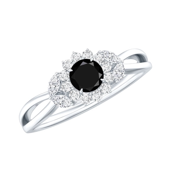 Rosec Jewels Natural Black Onyx and Diamond Ring, Black Onyx Flower Engagement Ring with Diamond, 925 Sterling Silver, US 4.00