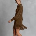 thumbnail image 4 of BLTIBY Womens Suede Mini Dress Spring Long Puff Sleeve Deep V Neck Lapel Fringe Hem Loose Dresses Retro Western Party Casual Dress Brown XL, 4 of 7