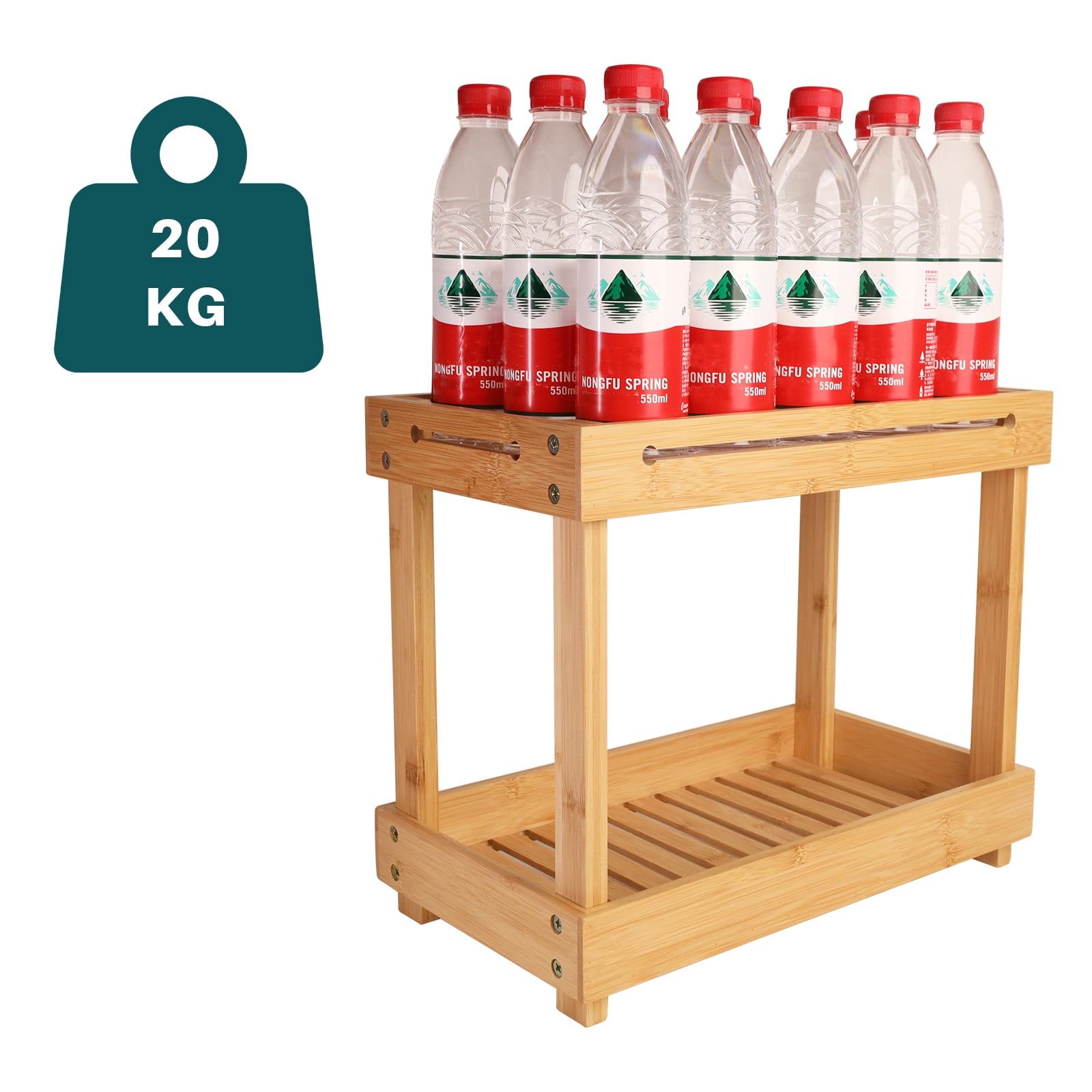 2 Tier Bamboo Under Sink Storage Kitchen Organizer, Kitchen Sink Organiser, Multipurpose Kitchen Cupboard Storage with 6 Bamboo Hooks, 1 Bamboo Hanging Box